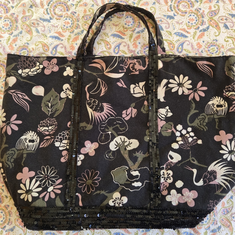 Rare Vanessa Bruno Paris Tote Bag Black Canvas Jungle Floral Pattern Sequins